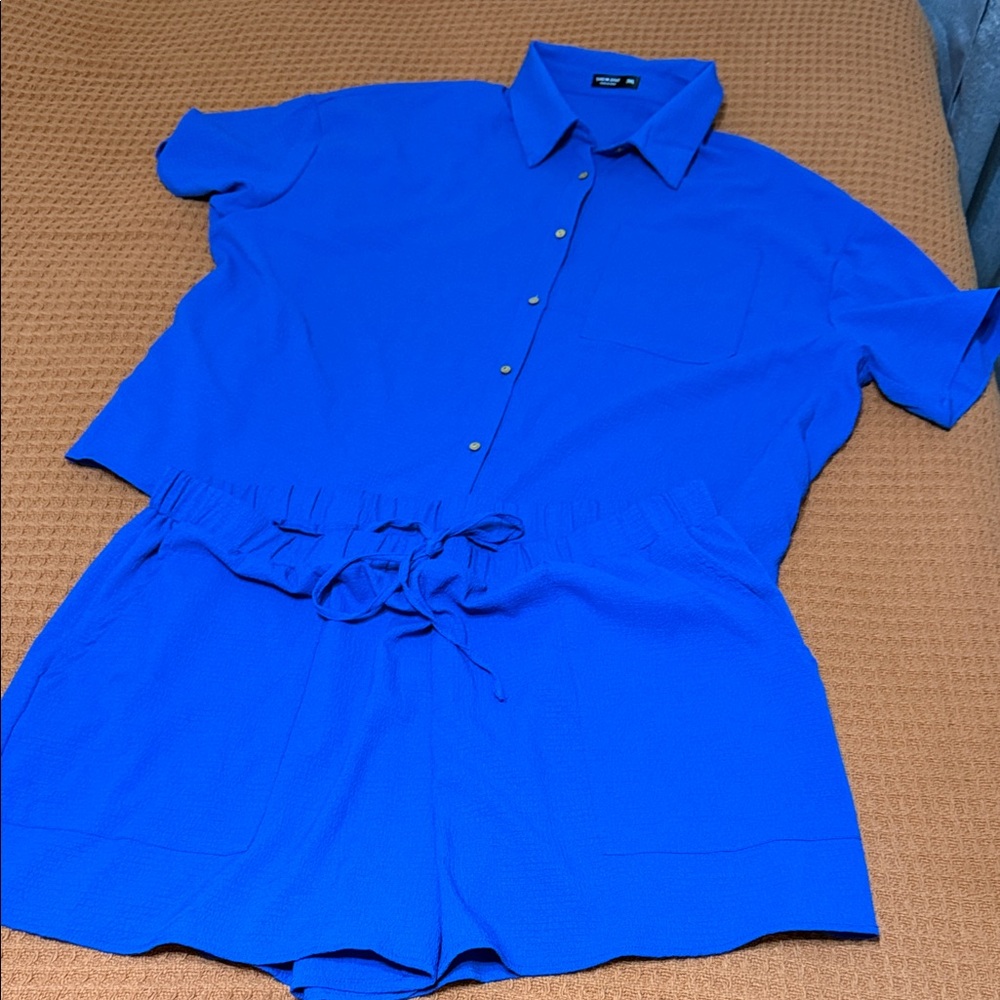 SHEIN Cobalt Blue Textured Shirt and Shorts Set